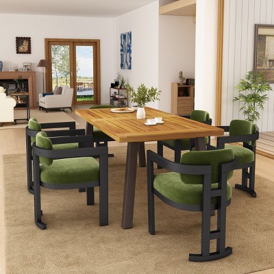 7-Piece Rectangle Wood Dining Table Set For 6,Dining Room Set With 6 Upholstered Chairs Metal Legs -Maison Boucle