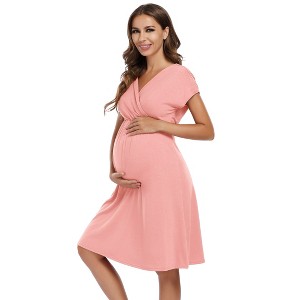 Clearlove 2025 Summer Maternity Nursing Dress Baby Shower Short Sleeves A-line Midi Pregnancy Dress - 1 of 4