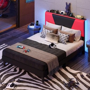Bestier Full Size Bed Frame with LED Adjustable Storage headboard, PU Leather Upholstered Platform Bed, Black& Red - 1 of 4