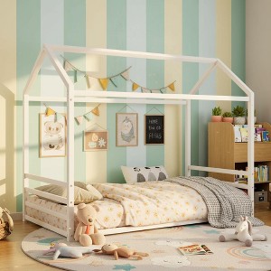Polibi Montessori Metal House Floor Bed Frame with Fence - 1 of 4