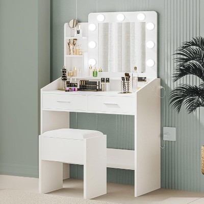 Vanity Desk with Mirror and Lights,Makeup Vanity with 2 Drawers, 3 Light Mode and Brightness Adjusted, Makeup Table for Bedroom, Desk and Chair