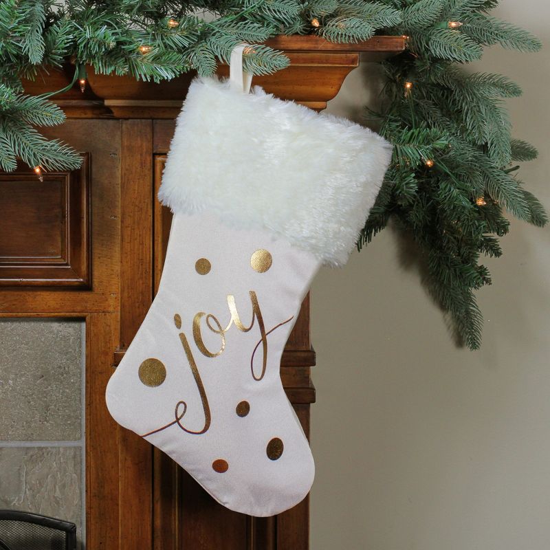 Northlight 19" Ivory White and Gold "Joy" Christmas Stocking with White Faux Fur Cuff, 2 of 3