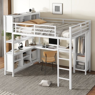 Sapphtopaz Metal Loft Bed with Wardrobe, L-shaped Desk, Headboard & Storage Cubes and Shelves, Space-Saving Versatile Gaming Loft for Kids