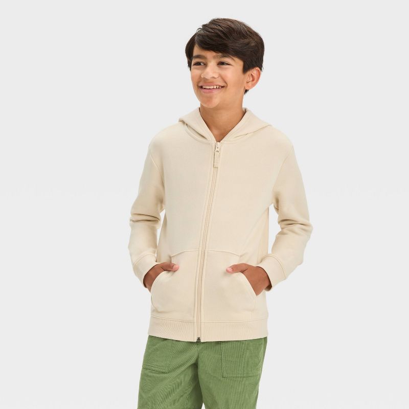 Boys' Fleece Zip-Up Sweatshirt - Cat & Jack™ Beige XS: Heavyweight Cotton Blend, Hooded, Kangaroo Pocket, Machine Washable