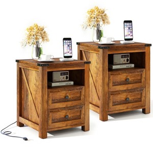 Dyonery 18” Farmhouse Nightstand with Charging Station,End Table with 2 Drawers, Side Table for Living Room ,White - 1 of 4