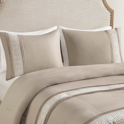 Taupe Queen Microfiber Comforter Set with Lace Trim