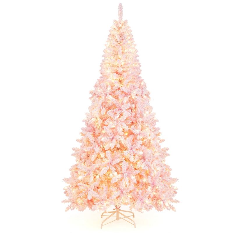 Costway 7.5FT Pre-Lit Snow Flocked Pink Christmas Tree 1100 Tips w/ 450 Lights & 8 Modes, 1 of 14