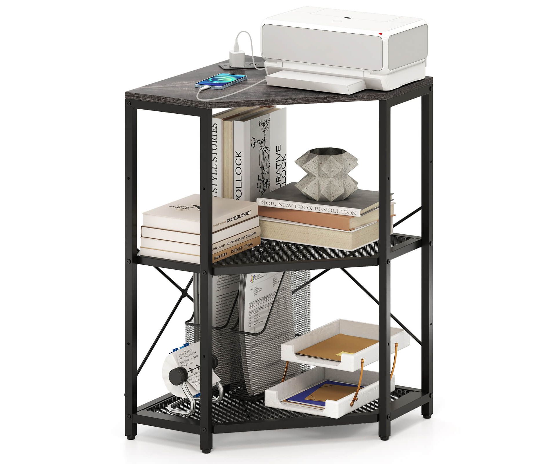 Costway Corner Printer Stand with Charging Station Adjustable Metal Mesh Shelf Black/Brown/White
