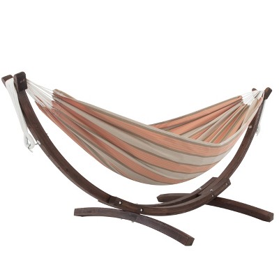 Vivere 8 ft Double Sunbrella Hammock with Solid Pine Arc Stand in Cameo (FSC Certified)