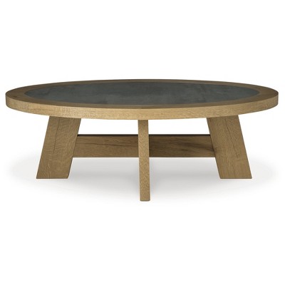 Oval Light Brown Wood Coffee Table with Faux Cement Top