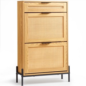 VEVOR Rattan Shoe Cabinet, with 2 Flip Rattan Drawers & 1 Slide Drawer, Metal Legs, for Entryway, Closet, Hallway, Light Wood Color - 1 of 4
