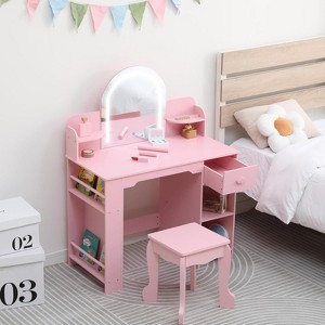 Kids Vanity with Mirror, 2 in 1 Little Girls Vanity Table & Stool, Kids Makeup with Bookshelf, Drawer & Open Shelves - 1 of 4