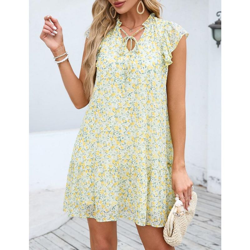 Women's Babydoll Mini Dress Summer V Neck Flutter Sleeve Boho Floral Flowy Shift Short Dress, 2 of 8