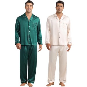 INSPIRE CHIC Men's 2 Pack Sleepwear Button Down Long Sleeve Classic Satin Pajamas Sets - 1 of 4