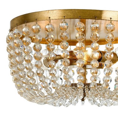 Antique Gold Crystal Flush Mount with Natural Wood Beads