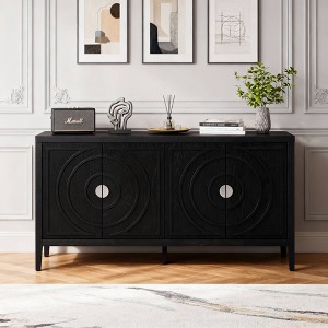 Hostack Sideboard with Circular Groove Doors and Round Metal Handles for Living Room, Black - 1 of 4
