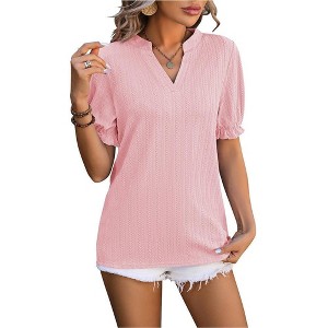 BLUEMING Womens Summer Blouse V Neck Tops with Short Lantern Sleeve Ruffle Tee Shirt Blouse Wheat Texture Tops - 1 of 4