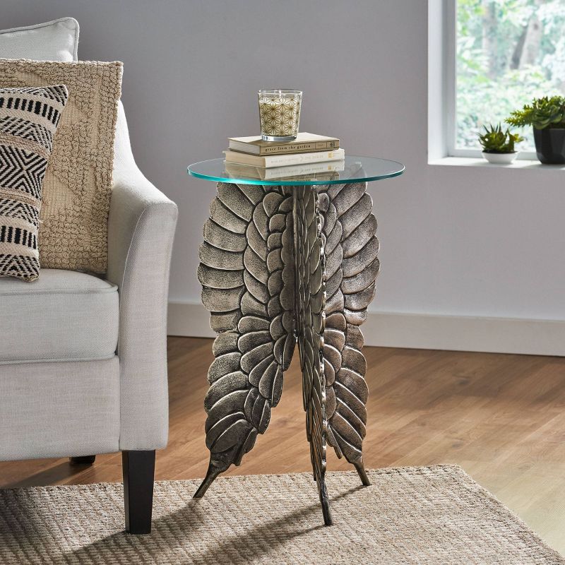 Joni Boho Glam Handcrafted Aluminum Fairy Wing Accent Table with Glass Top Antique Nickel - Christopher Knight Home, 3 of 10