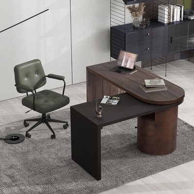 L Shaped Computer Desk, L-Shaped Executive Desk with Open Storage, Cabinet, 360° Rotating Home Office Modern Corner Desk Study Writing Table
