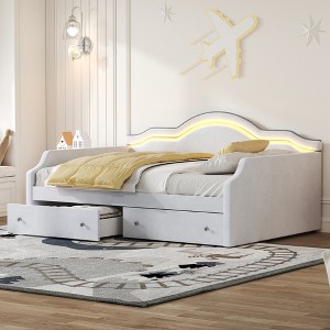 Full Size Upholstered Daybed with LED and 3 Drawers for Bedroom or Guest Room - 1 of 4