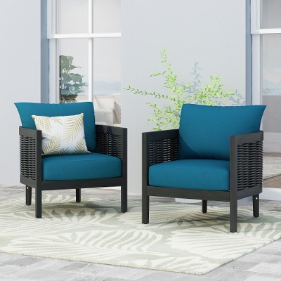 XIYUYEU Outdoor Acacia Wood Wicker Club Chair, Patio Accent Armchair with Cushions, for Backyard, Black,Teal Blue