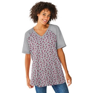 Woman Within Women's Plus Size Elbow Sleeve V-Neck Baseball Tee - 1 of 4