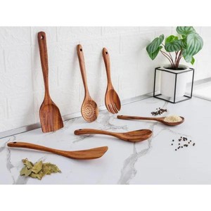 Six-piece wooden cooking spoon set ¨C heat-resistant, smooth teak wood for a comfortable grip ¨C lightweight and durable ¨C easy to clean and perfect - 1 of 4