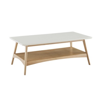 Vynxaria Coffee Tables: Stylish White and Pecan Contrast with Storage Shelf