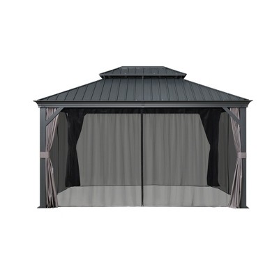 PURPLE LEAF Outdoor Gazebo Aluminum Frame Galvanized Steel Double Roof Patio Hardtop Gazebo with Curtains and Netting for Patio Lawn and Garden, Grey