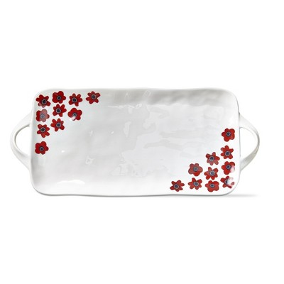 TAG Happy Flower Red Floral on White Earthenware Rectangle Platter with Handles Dishwasher Safe, 17L x 9W inches