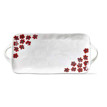 TAG Happy Flower Red Floral on White Earthenware Rectangle Platter with Handles Dishwasher Safe, 17L x 9W inches