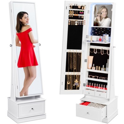 Best Choice Products 360 Swivel Standing Mirrored Jewelry Cabinet, LED-Lit Makeup Organizer w/ Mirror - White