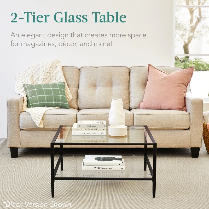 Best Choice Products 32 Square 2-Tier Large Coffee Table, Living Room Accent Furniture w/ Glass Table Top", 2 of 10