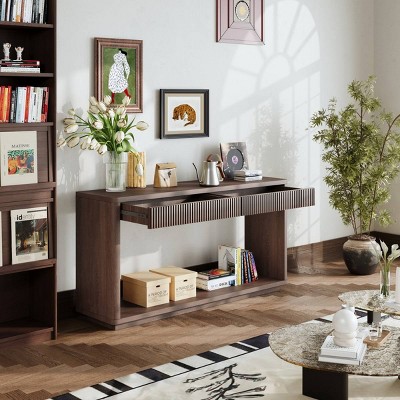 60" Modern 2-Drawer Console Table with Solid Wood Veneer,Entryway Console Table Behind Couch with Hidden Storage for Home Office-Coolbibila