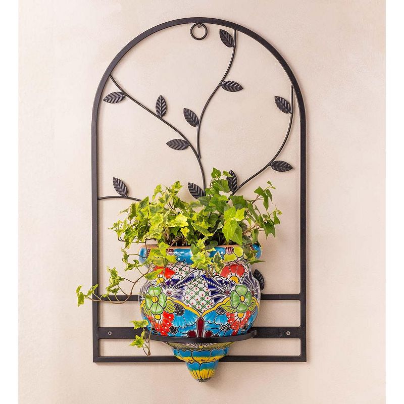 Wind & Weather Handcrafted Talavera-Style Terra Cotta Flat-Backed Wall Planter with Wrought Iron Hanger, 2 of 4