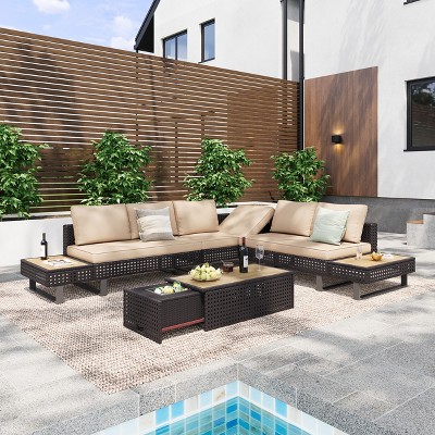 6-Piece Diamond Weave Patio Sectional Set with Extendable Coffee Table & Ice Box, Adjustable Reclining Backrest Gray/Khaki - ModernLuxe
