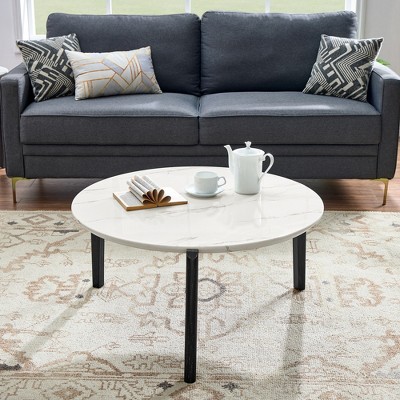 KTMBDW Round Coffee Table, Modern Coffee Table for Living Room, Imitation Marble Desktop with Solid Wood Legs Modern Design Home Furniture