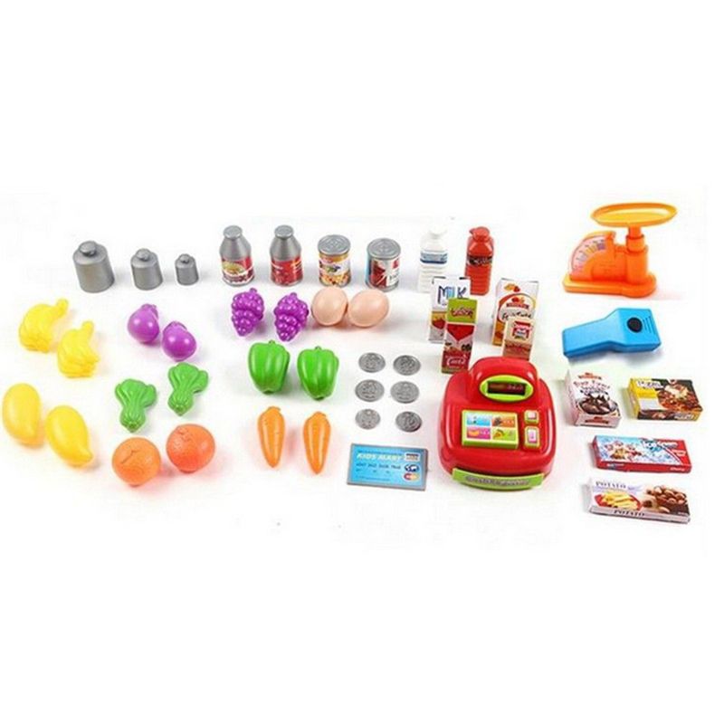 Insten Supermarket & Cash Register Playset, STEM Educational Toys with Mic, Coins, Groceries & Credit Card for Kids, 25x18x7 in, 3 of 4