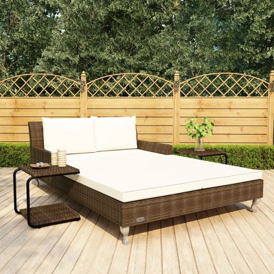 vidaXL Sun Lounger Brown and Cream Poly Rattan, Powder-Coated Steel, Fabric