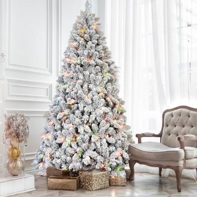 NAYSAYE Christmas Tree Stand 6FT Flocked Tree with Pine Cones and Full Snowy Branches for Christmas Decorations, Green and White, 44"*72"*22.44"