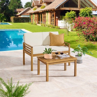 Okemo 2-Piece Acacia Wood Outdoor Patio Set with Cream Cushions