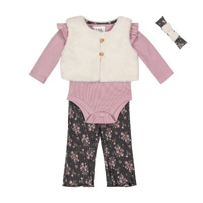 Nicole Miller Baby Girls 4 Piece Faux Fur Vest Set Violet Ice/Egret