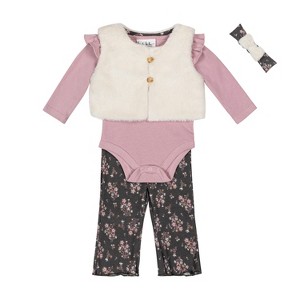Nicole Miller Baby Girls 4 Piece Faux Fur Vest Set Violet Ice/Egret - 1 of 4