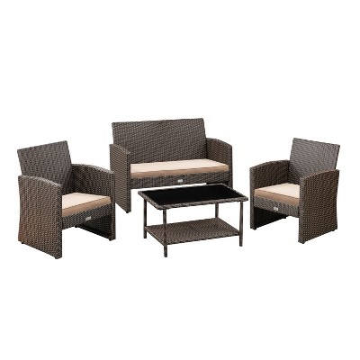 Balkene Home Ashville Conversation Wicker Patio Sofa Set for Lawn Porch Outdoor - Sofa, Table, Two Armchairs & Cushions Included