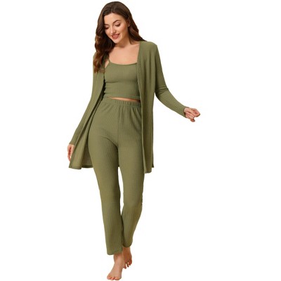 cheibear Women's 3pcs Knit Lounge Sleepwear Pants Shrug Cardigan  Pajama Set