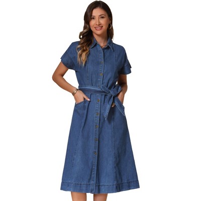 INSPIRE CHIC Women's Denim Casual Button Down Short Sleeves Belted Midi Dress