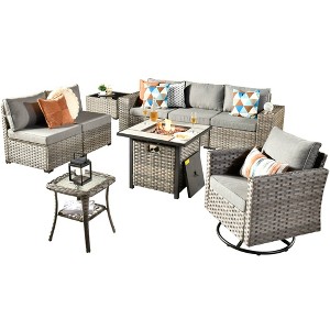 Marlton 9pc Wicker Outdoor Fire Pit Patio Furniture Set Conversation Sofa with a Swivel Chair and Cushions - 1 of 4