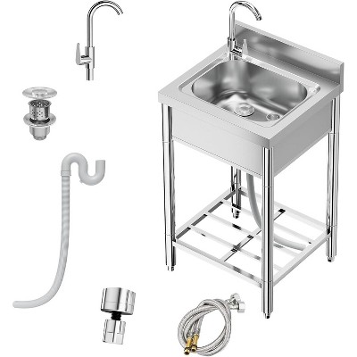 21"x20"x37" free-standing stainless steel sink with 360° rotating faucet, hot/cold water supply, and storage rack for kitchens and outdoor use.