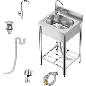 21"x20"x37" free-standing stainless steel sink with 360° rotating faucet, hot/cold water supply, and storage rack for kitchens and outdoor use. - 1 of 4