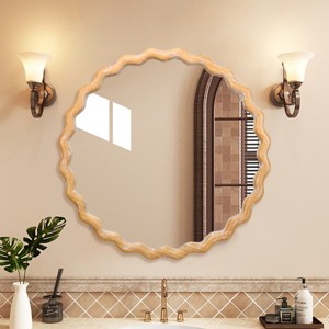 Round Wavy Wood Wall Mirror with Whitewash Edge Decorative Circle Mirror for Bathroom Vanity, Bedroom, Entryway, Living Room-The Pop Home - 1 of 4
